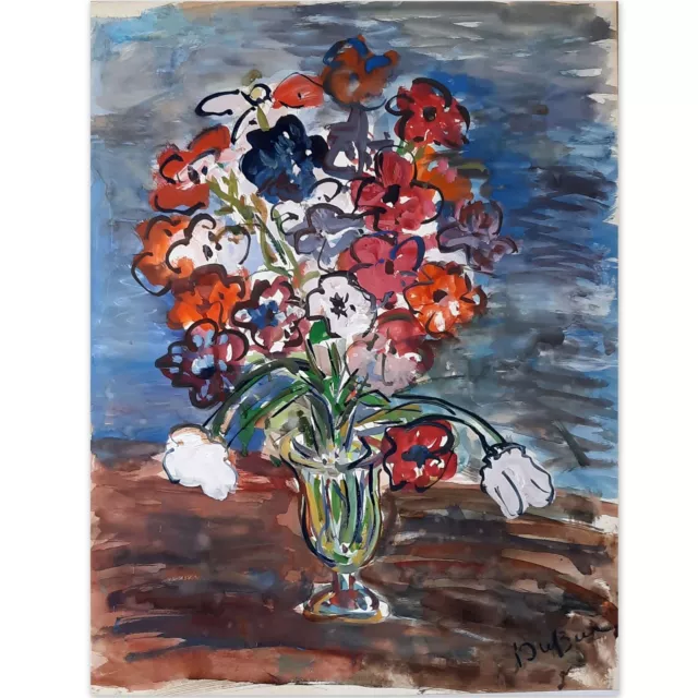 DUBUC Roland (1924-1998) "Fleurs/Fond Bleu" - Grande Gouache/Papier - 65x50 cm