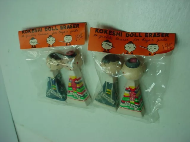 4 vintage Kokeshi Doll Erasers Made in Japan Wooden Head NOS 2 packs Indian Co.