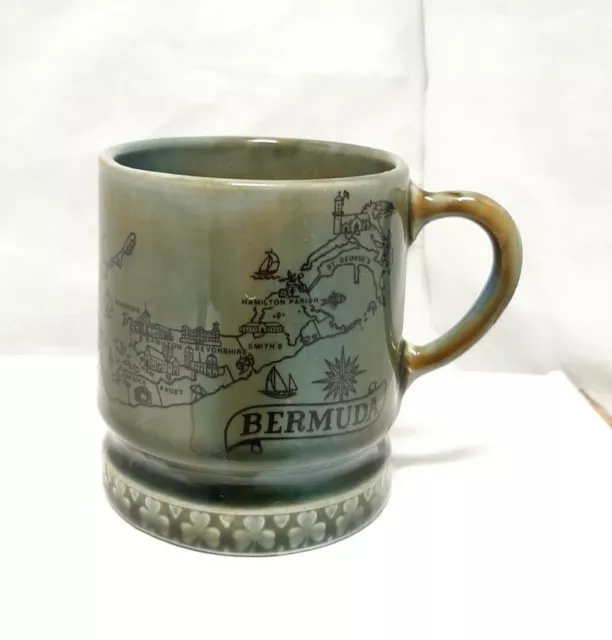 Vintage Wade Irish Porcelain Mug/cup Bermuda Map Design Blue Green Glazed 3"