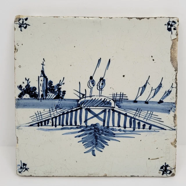 Antique Delft Tile Blue White Dutch Holland 17th/18th Century Fishermen Boats