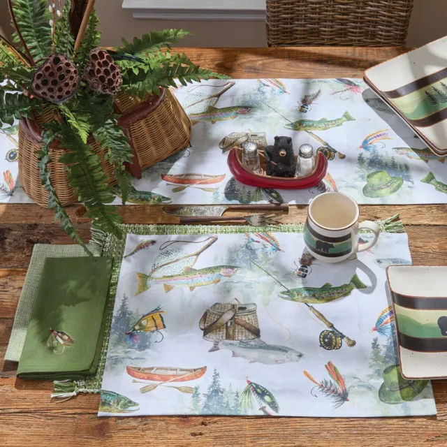 Rustic Fly Fishing Print Cotton Country Cabin Table Runner 13"x36" 2