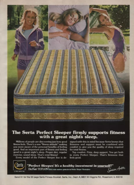 1982 Serta Perfect Sleeper Mattress Vintage Print Ad Susan Anton Yellow Gray Bed