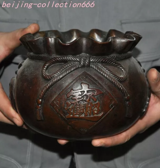 6.4" old Chinese bronze wealth purse Fengshui Incense burner Censer