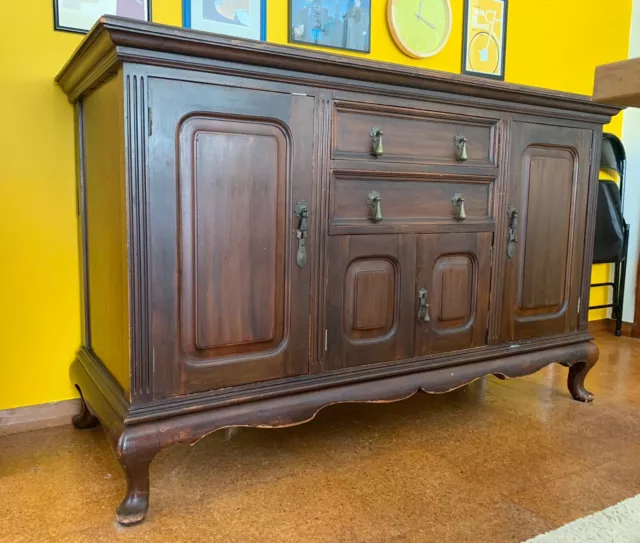 Victorian wooden sideboard with  3 cupboards, 2 drawers & pad feet