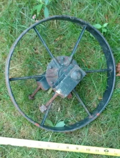 VTG  PRIMITIVE STEEL SPOKE WAGON WHEEL-BARROW CART IMPLEMENT FARM DECOR-12" dia.