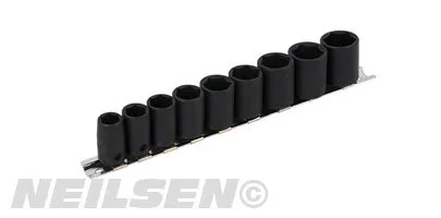 Neilsen 3/8" Drive Shallow Impact Sockets On Rail 9 Piece Single Hex 6 Point