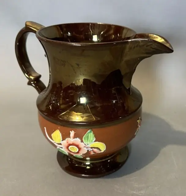 Antique English Copper Luster Ware Mocha Floral Band Pottery Pitcher 19th C