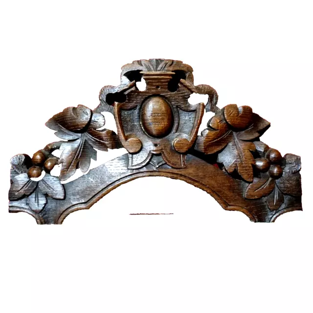 Leaf berry shield wood carving pediment - Antique French architectural salvage .