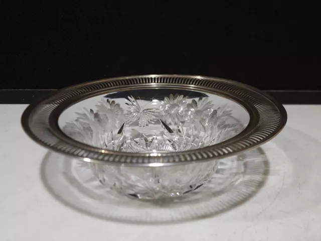 Antique Pairpoint Sterling Silver Rim Cut Glass Butterfly Daisy Crystal Bowl