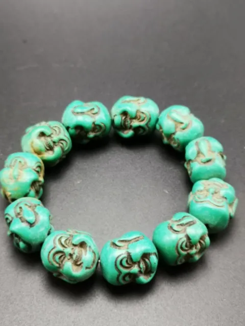 Good Chinese Old Exquisite Blue Turquoise Carved Buddha Head Bracelet C78
