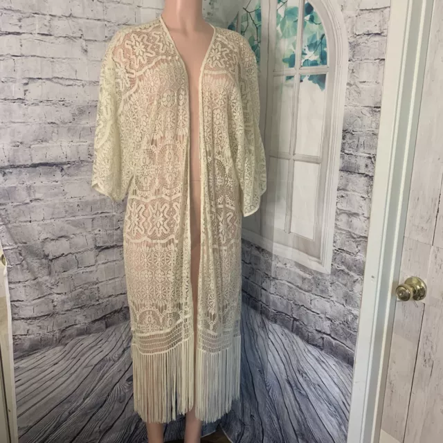 H&M Women's Kimono Cover-Up Open Cardigan Size Medium Beige Lace Fringe Bohemian