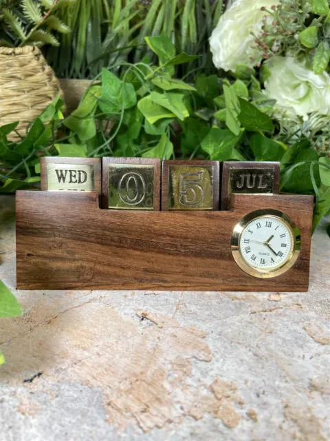 Vintage Maritime Wood and Brass Desk Clock with Calendar Nautical Style Decor