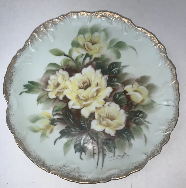Vintage Y. Takimoto  China Hand Painted Plate Yellow Roses.  Signed 8 1/2 In