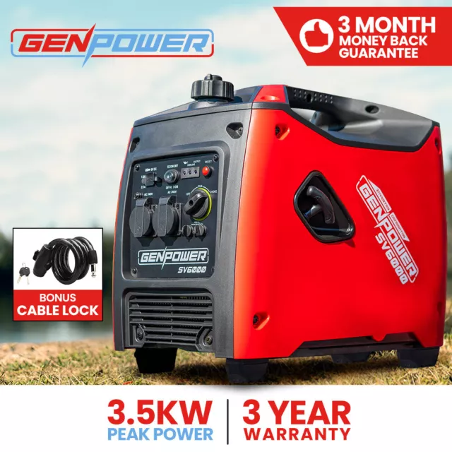 GenPower Inverter Generator 3500W Max 3200W Rated Trade Camping Home Cable Lock