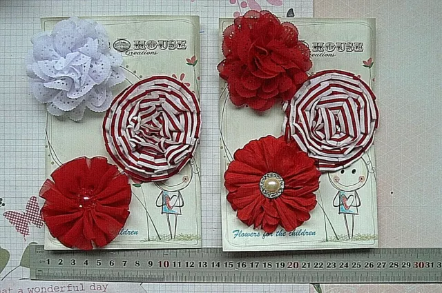 RED & WHITE Mix Fabric Cotton Blend & Organza 3 Flowers 70-75mm 2 Pk Choice MHXA