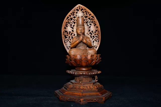 8.3"Chinese Box-wood Carving Buddhism Ksitigarbha Buddha Sit Lotus Flower Statue