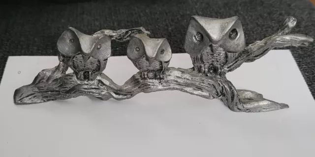 Pewter Owl Figurine 3 Owls On Tree Branch   Figures Rare 6x3” Signed