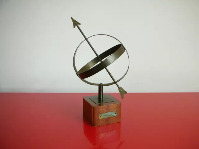 ARMILLARY SPHERE SUNDIAL 1960 MID CENTURY SWEDISH Teak Wood Brass Sun Dial Clock