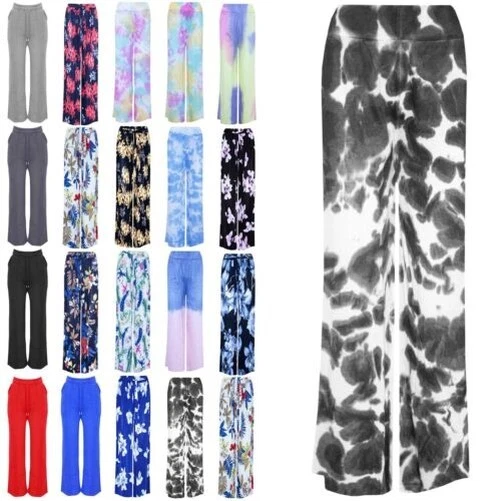 Donne Gamba Larga Pantaloni Palazzo Elastico Vita Alta Cravatta Tintura Svasato