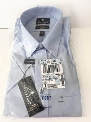 Stafford Performance Super Shirt Mens Sz 16 Blue Button Reg fit Short Sleeve