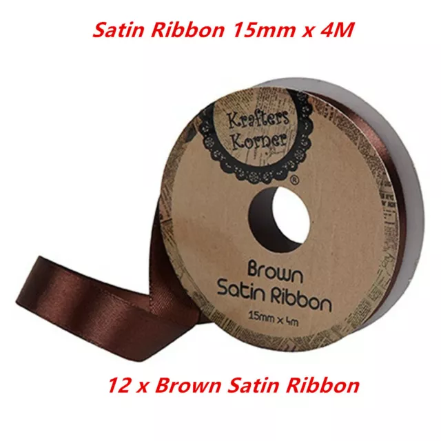 12 x Satin Ribbon Rolls BROWN 15MMx4M Double Side Faced Party Decor Gift