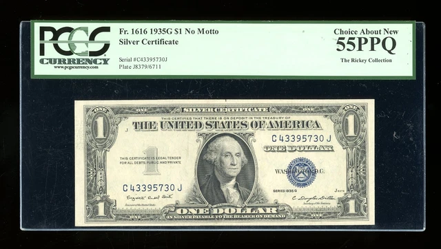 DBR $1 1935-G Silver Fr. 1616 No Motto CJ Block PCGS 55 PPQ Serial C43395730J