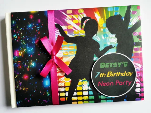 Personalised Neon UV disco party Birthday Guest book, neon party album