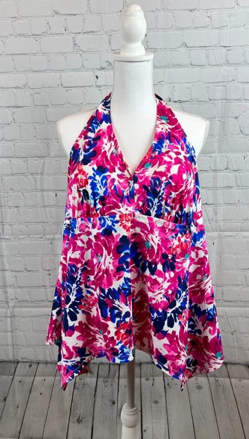 SWIMSUITS FOR ALL white pink magenta floral swim tankini halter top size 20 NWT