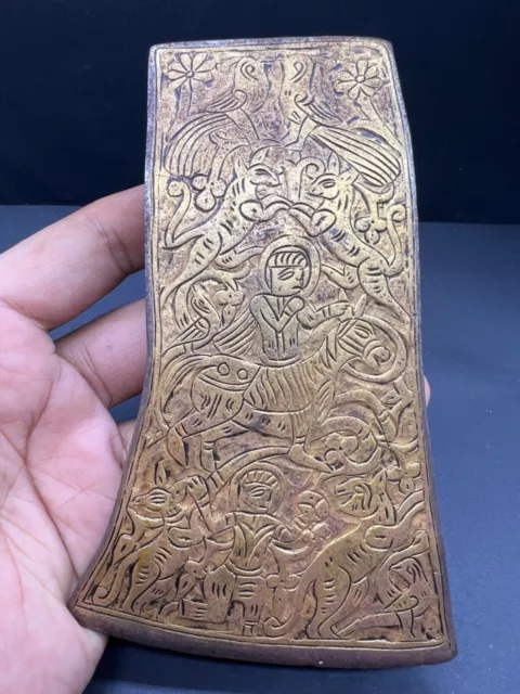 Very Beautiful Old Late Safavid Era Solid Iron History Engraved Gold Plated Axe