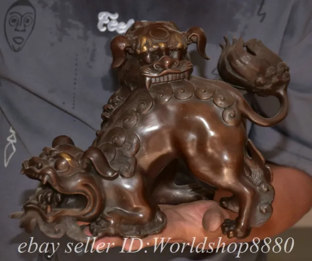 10.4" Chinese Copper Fengshui Foo Fu Lion Beast Statue Sculpture