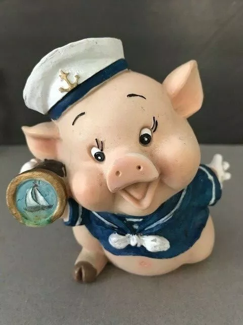 Vintage "Sailor" Pig Chalkware Piggy Bank with Hand Painted Telescope