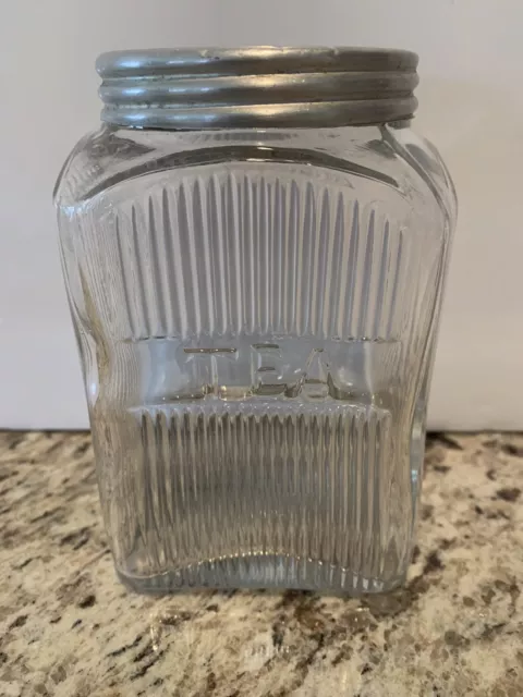 Vintage Post 1919 Hoosier Cabinet Clear Rib Nappanee  Glass Tea Canisters