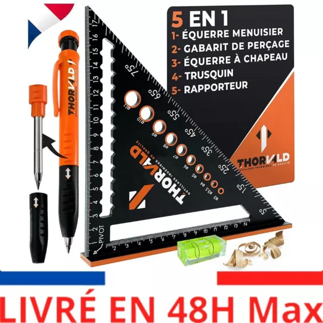 5 en 1 Equerre Menuisier 180 mm + Crayon Chantier + Niveau à Bulle - Multifoncti