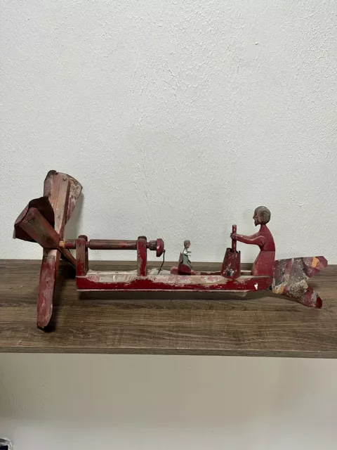 Antique Folk Art Toy Handmade Wood And Metal Toy, W/ Moving Parts Rotating Fan