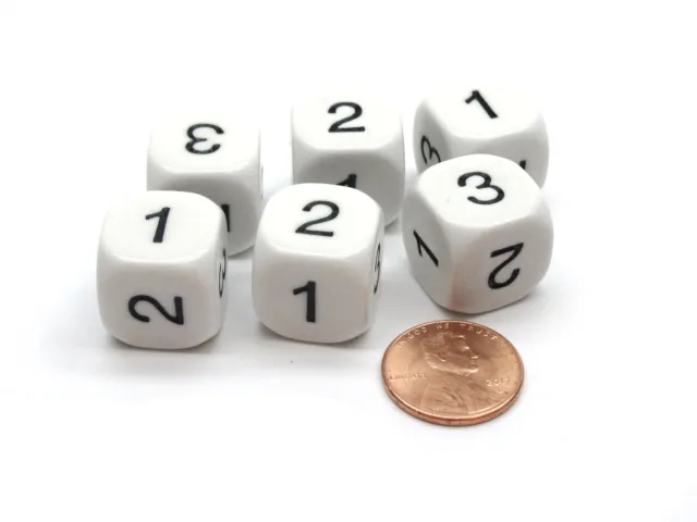 Pack of 6 Math Number 16mm Dice, Marked 1 to 3 Twice - White with Black