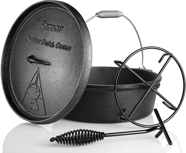 Femor Dutch Oven Feuertopf mit Deckelheber Ständer & Spiralförmiger Henkel