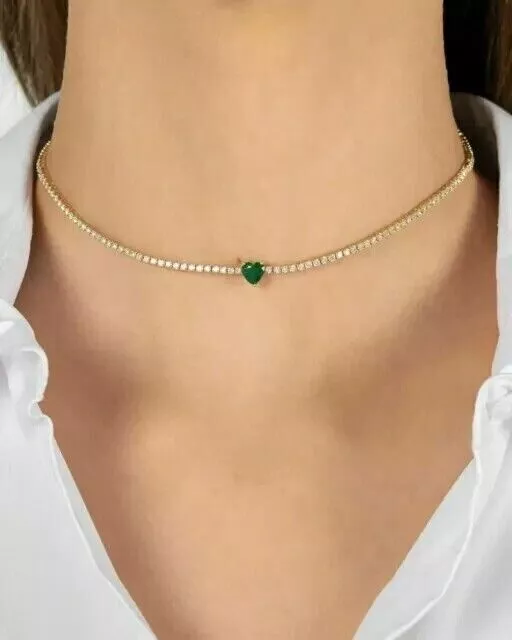 18Ct Heart Cut Simulated Green Emerald &CZ Women's Necklace 14K Yellow Gold Over