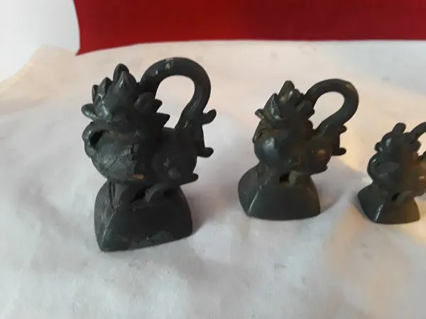 Very Rare Complete Set Of 6 Antique Burma Myanmar Bronze Foo Dog Opium Weights 3
