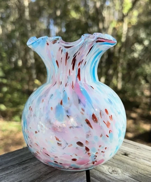 Vtg Murano Style Spatter Glass Hand Blown BudVase Ruffled Edge Pink & Blue