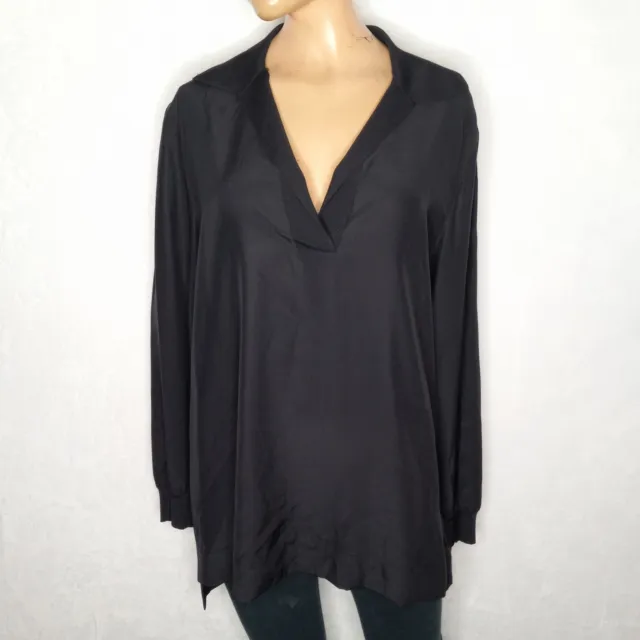 Lafayette 148 Womens Black Satin 100% Silk Pullover Long Sleeve Blouse Size M
