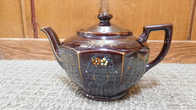 Redware Teapot Japan Brown Betty Ceramic Painted Gold Trim 5" x 7"