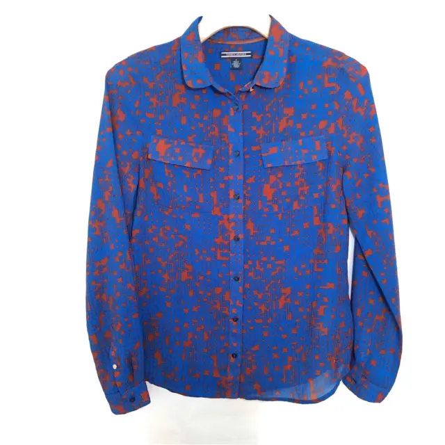 Tommy Hilfiger Shirt 4 Button Royal Blue Brown Splash Pockets Long Sleeve Collar