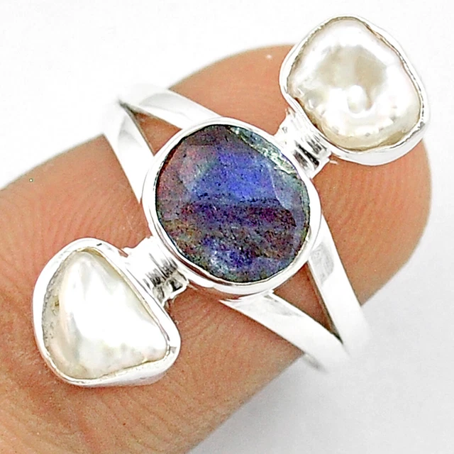 Free Shipping 7.71cts Checker Cut Natural Labradorite Pearl Ring Size 6 U26146