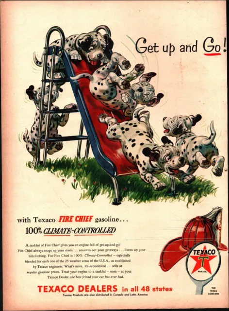 1956 Texaco Oil Co. Dealer Fire Chief Dalmation Puppies Vintage Print Ad a8
