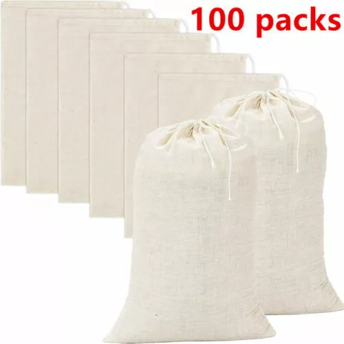 50-100 Pack Cotton Muslin White Drawstring Bags Large Bulk Herbs Tea Spice Bag