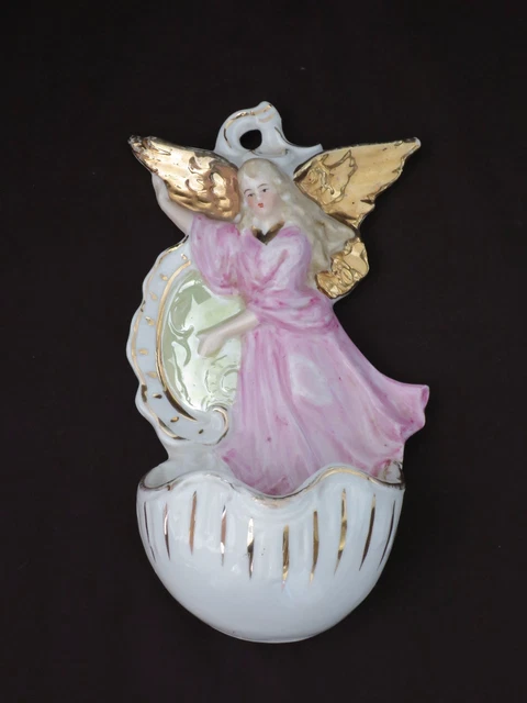 Ancien Benitier En Biscuit Emaille Polychrome Xix Ieme Siecle