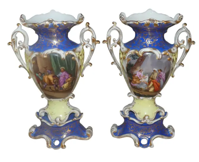 PAIR antique french vieux paris porcelain hand paint religious Vases marked