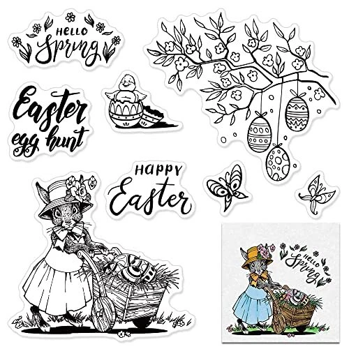 Hying Easter Rabbit Eggs Clear Stamps for Card Making, Spring Butterfly Trees
