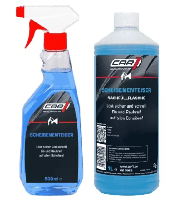 CAR1 Scheibenenteiser 500 ml Spray + 1 Liter Nachfüllflasche Scheiben Enteiser