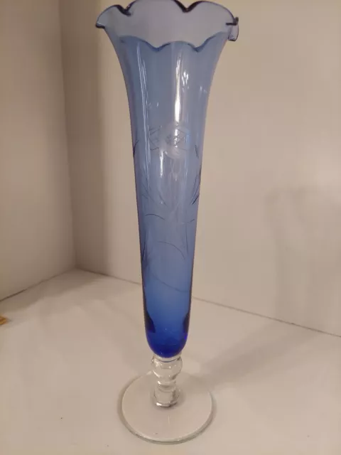 Vintage Hand Blown Blue Etched Floral Glass Ruffled Top Vase with Clear Base